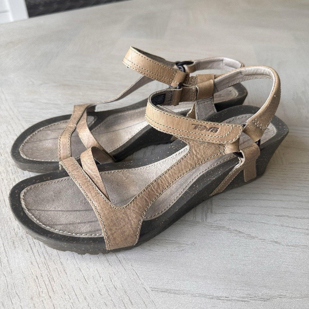 Teva Womens Cabrillo Sz 10 Tan Leather Cork Wedge Strappy Sandals Comfort